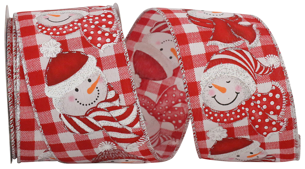 2-12-Inch 10-Yard Happy Snowman Gingham Wired Ribbon